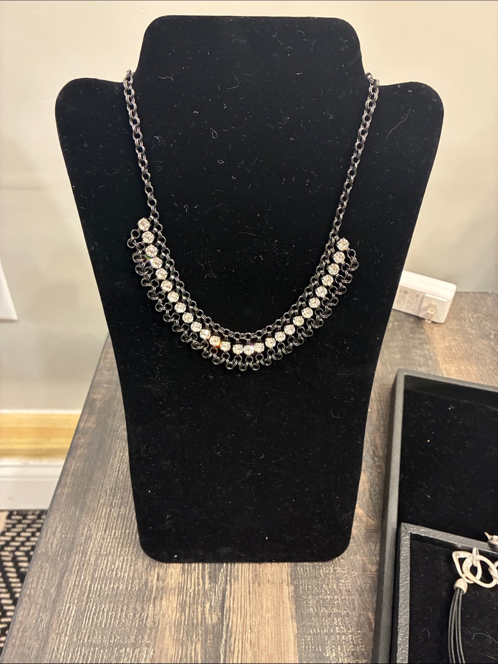 Premier Designs Black Chain Necklace with Clear Crystal Rows